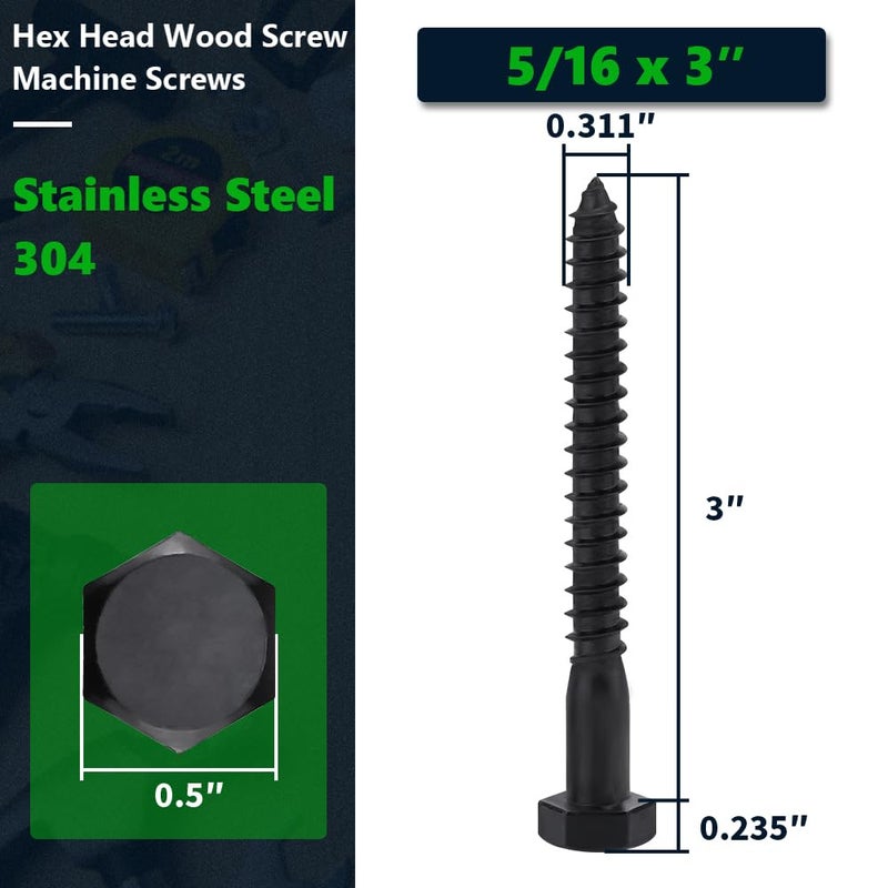 RoyceMart 10-Sets 5/16 x 3 Black Hex Head Lag Screws & Flat Washers, Heavy Duty Wood Lag Screws, 304 Stainless Steel (18-8), 5/16" Bolt - Image 2